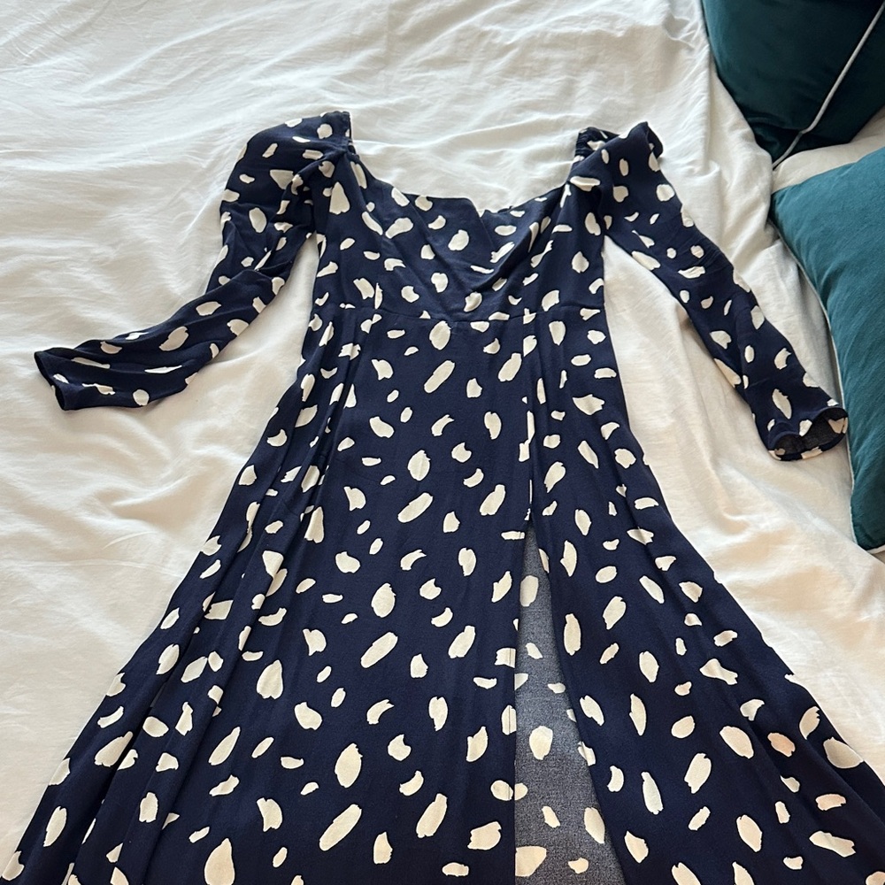 Reformation Navy and White Long Sleeve Dress